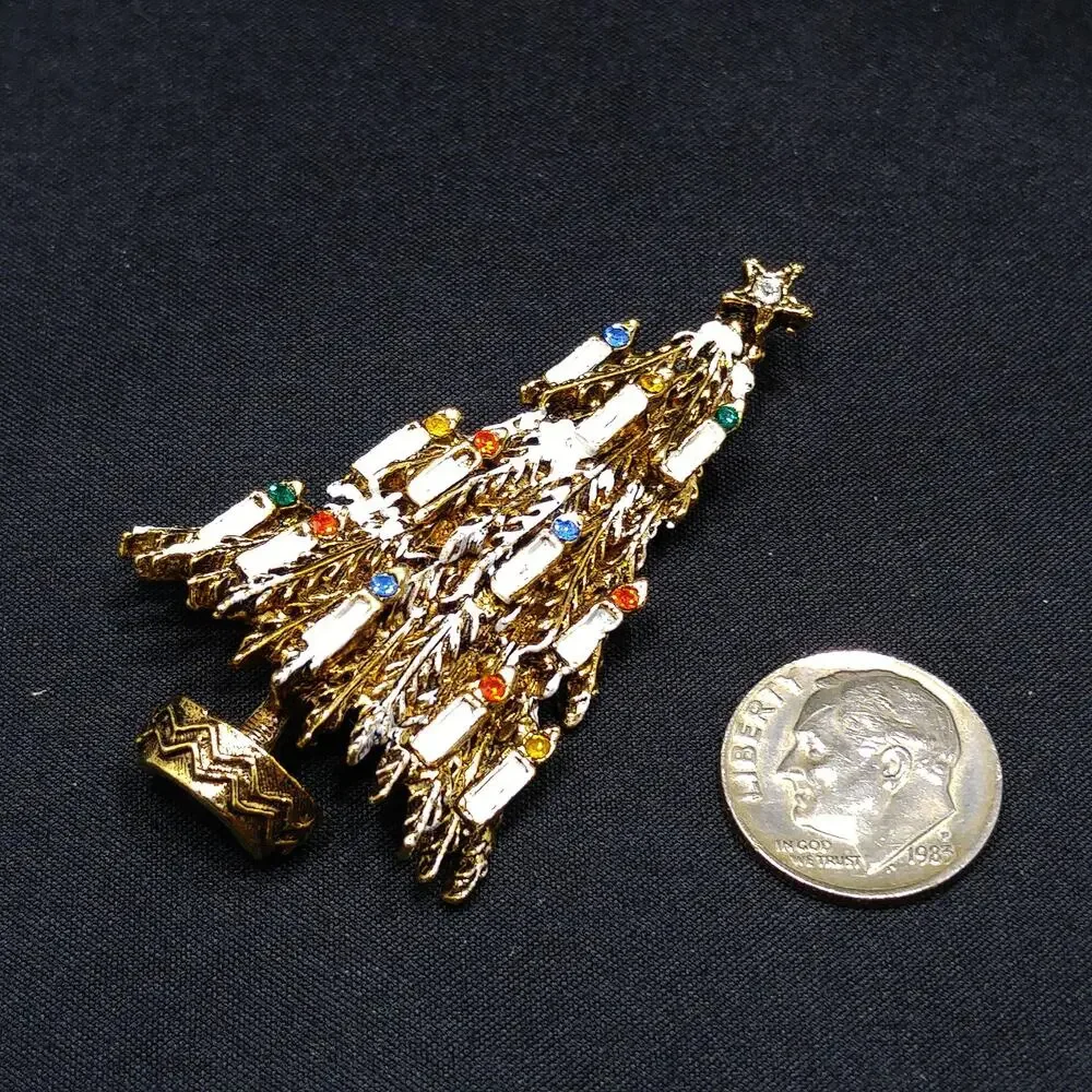 Vintage ART Arthur Pepper Christmas Tree Brooch Enamel Candles 1960s Book Piece